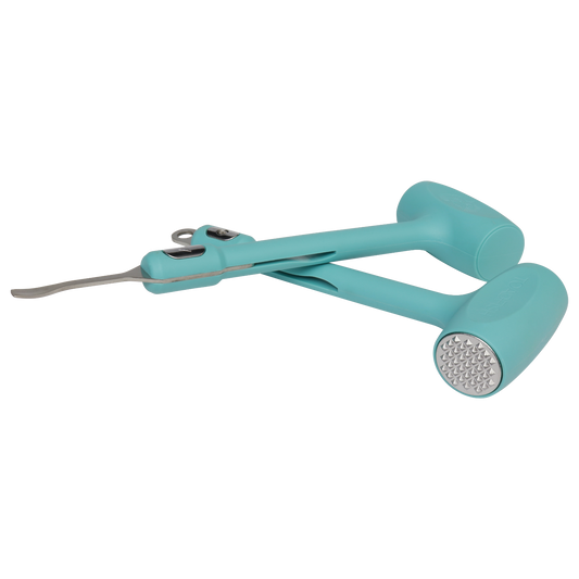 Turquoise kitchen tool with a mallet head and blade on a white background