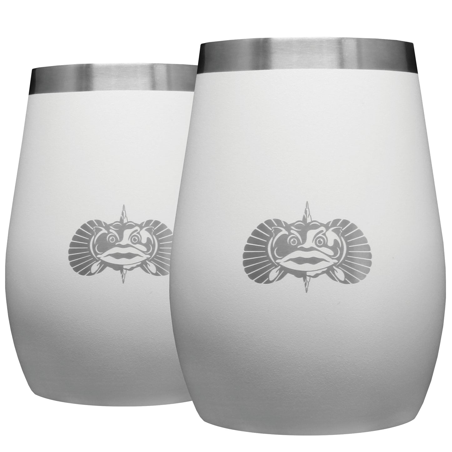 Two white stainless steel non-tipping wine tumblers with lids, featuring a Toadfish design on the front.