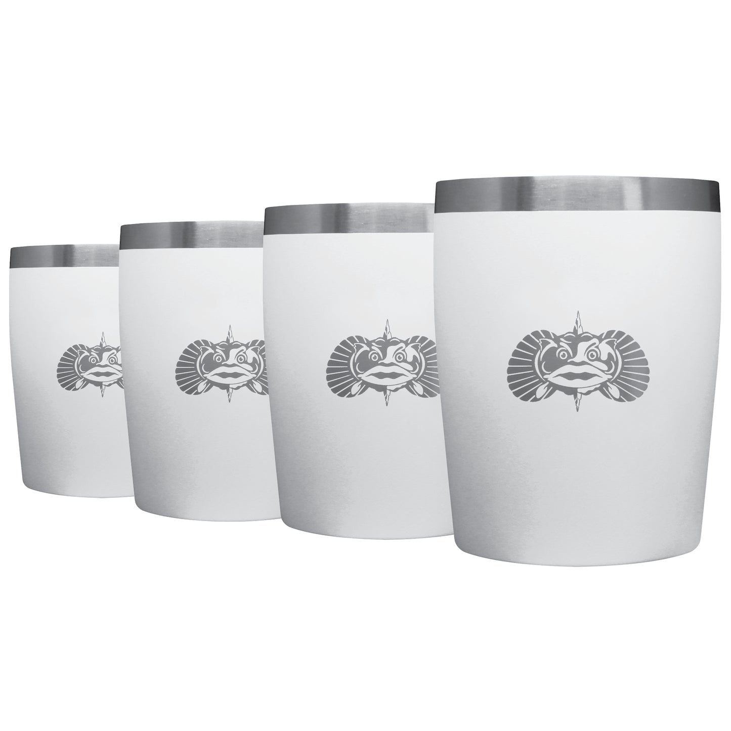 A set of four non spilling white stainless steel rocks tumblers with Toadfish logos on the front.