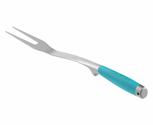 A stainless steel grill fork with an ergonomic rubber handle and a built-in spoon rest.
