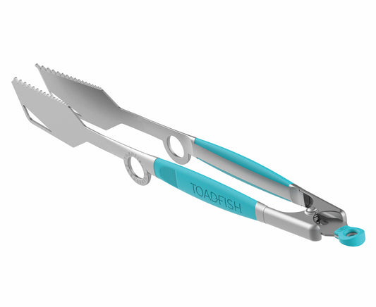 A stainless steel grill tong with a blue ergonomic rubber handle and a built-in spoon rest.